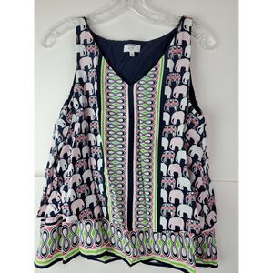 Crown & Ivy Women's Navy Elephant Print Sleeveless‎ Tank Top Size PM